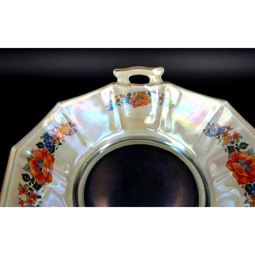 Glass Handled Serving Bowl Dish Floral Transfer Depression Glass 9 In Iridescent